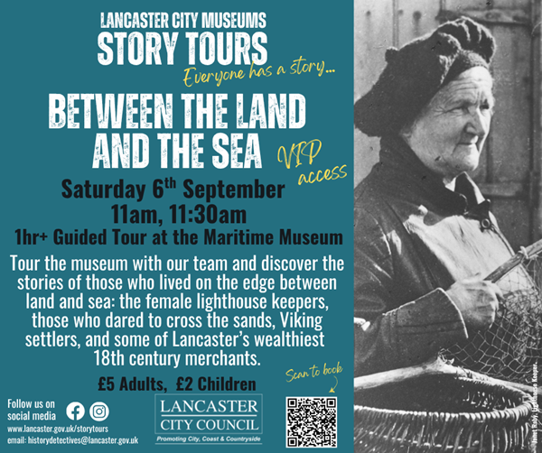 poster with black and white photo of lighthouse keeper Janet Raby. She's quite old in this picture, dressed in a warm coat and tam o'shanter hat, holding a basket and small fishing net made from a forked stick with netting attached.